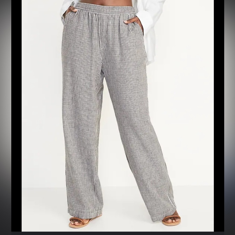 Old Navy High-Waisted Striped Linen-Blend Wide-Leg Pants size medium baggy loose